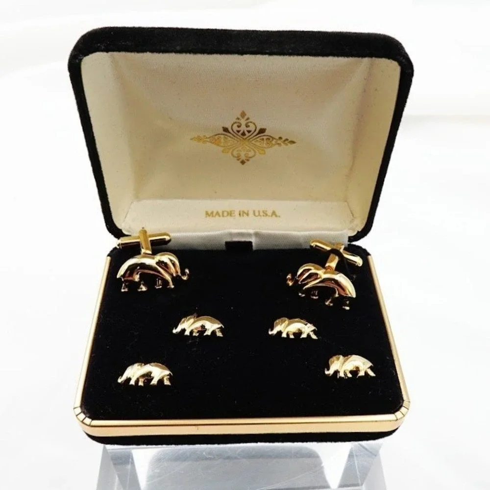 VTG Elephant Cufflinks Shirt Studs Set Gold Tone Formal Tuxedo USA Boxed